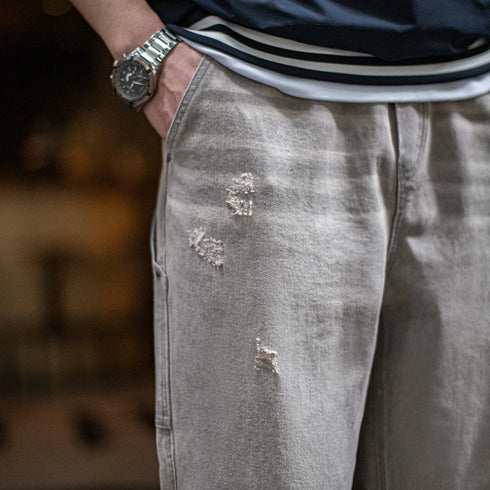 Vintage Heavyweight Washed Gray Jeans Distressed Straight Leg Carpenter Pants Elastic Waist Casual Ripped Denim Trousers